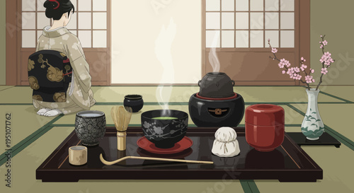 Traditional Japanese Tea Ceremony Setup With Woman In Kimono