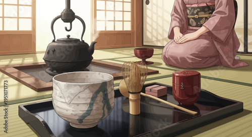 Woman in traditional Japanese kimono sitting on tatami mat with tea ceremony setup