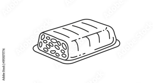 Tempeh block in packaging, healthy plant-based food, line art illustration