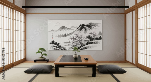 Traditional Japanese tatami room with shoji screens and zen artwork