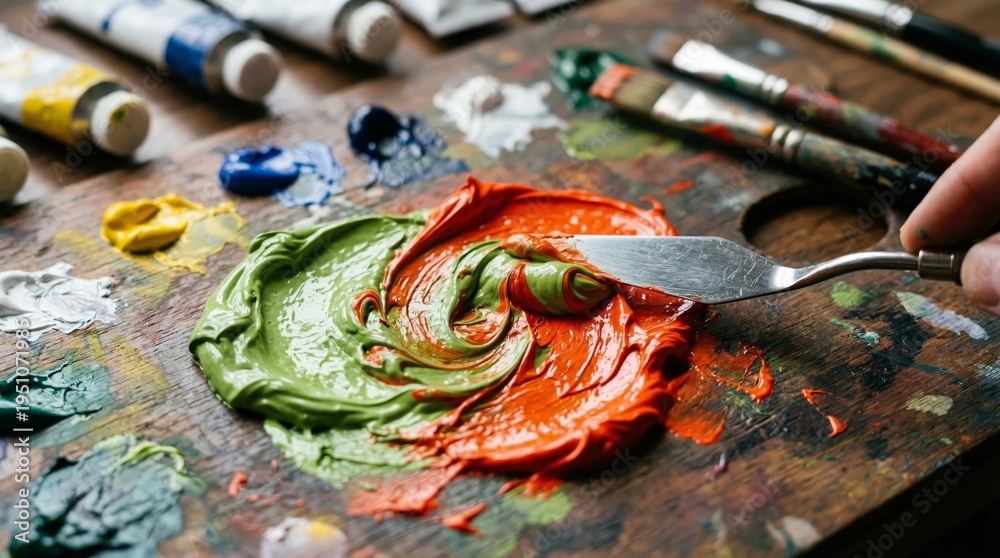 Obraz premium Artist Mixing Emerald and Crimson Acrylics on Wooden Palette