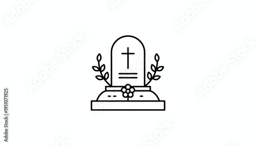 Tombstone with Cross and Leaves Icon, Funeral, Memorial, Grief, Death, Cemetery Symbol