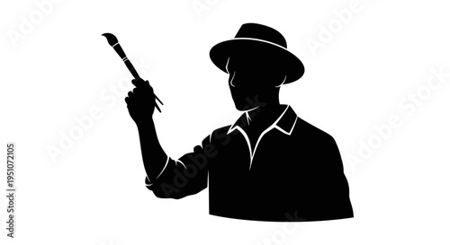 Black silhouette of a man in a hat holding a paintbrush vector