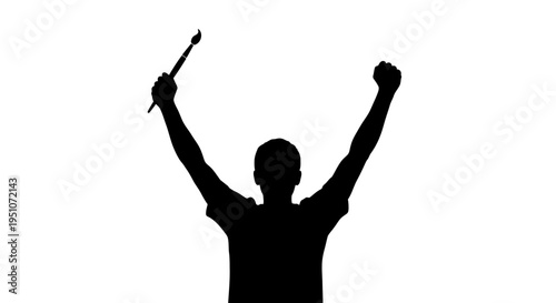 Vector silhouette of a triumphant person raising arms with a paint brush