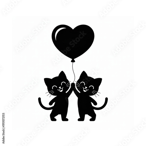 Cute cats holding heart balloon, love concept romantic couple adorable kitten silhouette vector illustration isolated