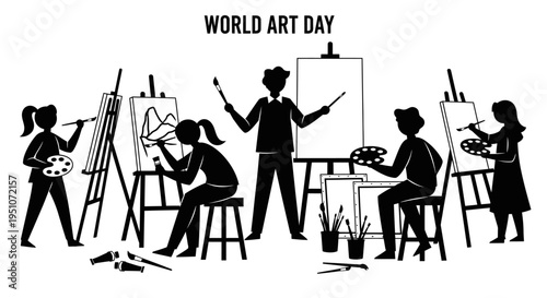 Vector illustration of 6 people painting on World Art Day
