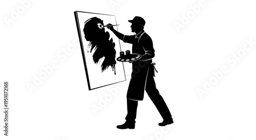 Vector illustration of a painter at work, silhouette of artist painting