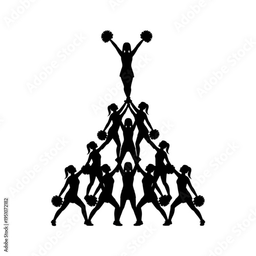 Cheerleading squad pyramid with pom poms, team performance balance stunt dynamic sport silhouette vector illustration