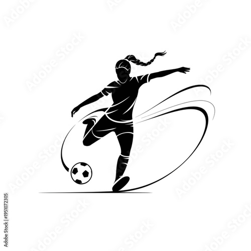 Female soccer player silhouette kicking ball, dynamic motion sports illustration vector isolated on white background