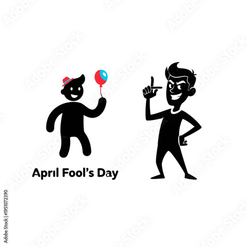 April Fools Day prank concept vector illustration, funny trickster characters silhouette, balloon joke celebration design theme