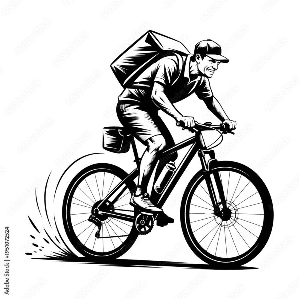 Naklejka premium Courier man riding bicycle for fast food delivery service, bike messenger with backpack vector illustration, isolated