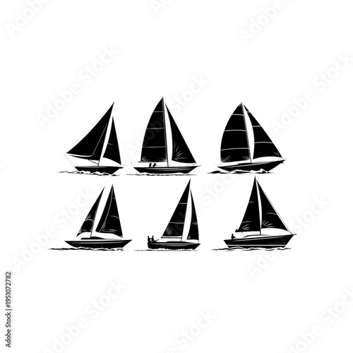 Sailboat silhouette collection set with different sailing ships, maritime ocean travel adventure luxury yacht vector illustration