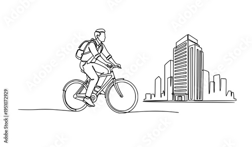 A man riding a bicycle in front of a city skyline