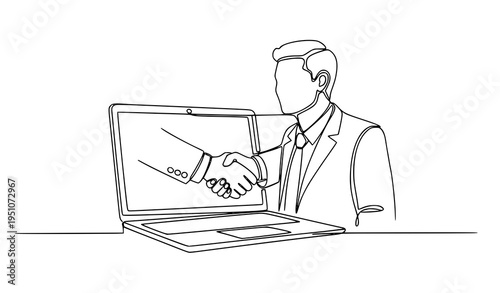 A minimalist line art illustration of a businessman shaking hands over a laptop