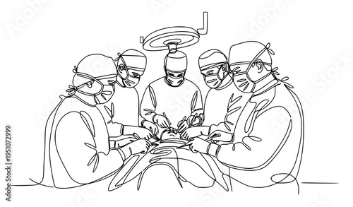 A minimalist line art illustration of surgeons performing surgery