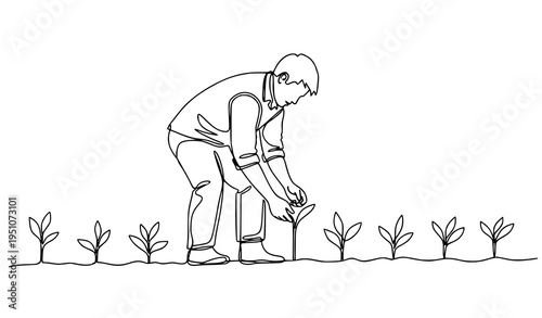 A minimalist line art illustration of a man planting a seedling in a garden
