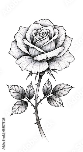 Detailed monochrome drawing depicts a blooming rose flower atop a thorny stem with leaves