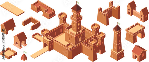 Isometric medieval castle builder kit, modular fortress towers walls gates houses, fantasy strategy game assets, 3D architecture illustration set