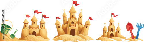 Golden sandcastle set with bucket and shovel toys, beach summer illustration, kids sand castles collection, playful seaside vacation design