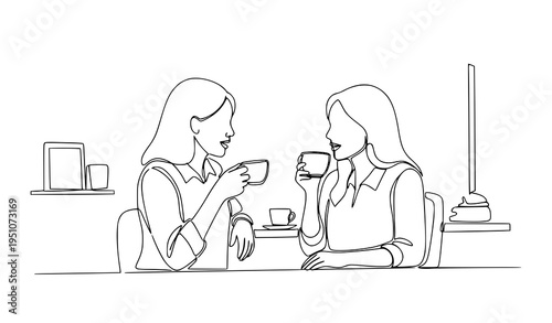 A minimalist line art illustration of two women chatting over coffee