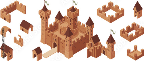 Isometric medieval castle building kit, modular fortress towers walls houses and gates, fantasy strategy game assets, 3D architecture set