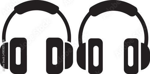 Two stereo headphones icon set, music listening devices, audio equipment silhouette vector illustration, simple black and white graphics, Sound Device, Listening Gear