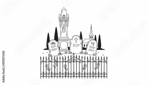 Spooky Cemetery Scene with Gravestones, Angel Statue, and Church - Black and White