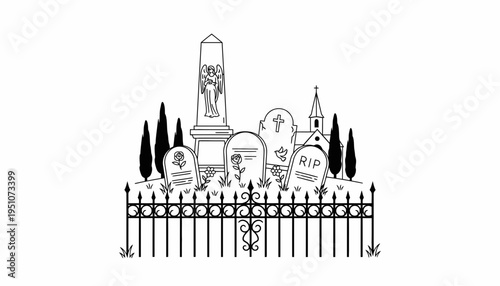 Spooky Cemetery Scene with Gravestones, Angel Statue, and Church - Black and White Illustration