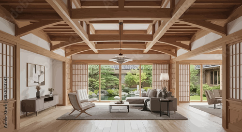 Modern living room with wooden beams and large windows overlooking garden
