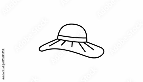 Simple line drawing of a wide-brimmed sun hat, isolated on white background.