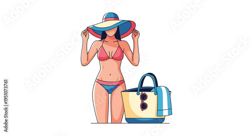 Vector illustration of woman in bikini with hat and beach bag