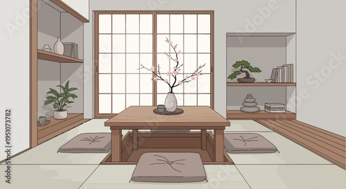 Traditional Japanese tatami room with low table and shoji screens