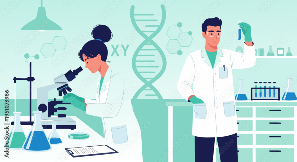 Fototapeta premium Scientific research vector illustration of scientists in a laboratory studying DNA and conducting experiments with scientific equipment