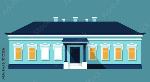 Elegant blue and light blue classical house facade vector illustration with large windows and a prominent entrance on a teal background