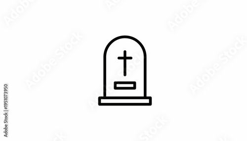 Simple Line Icon of a Tombstone with Cross - Funeral, Death, Memorial Concept