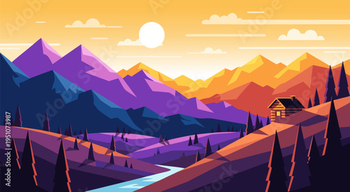 A serene vector illustration of a vibrant mountain landscape at sunset with a cozy cabin and a winding river, evoking peace and tranquility