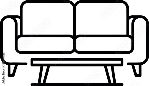 An elegant black outline icon featuring a contemporary two-seater sofa paired with a stylish coffee table, ideal for modern digital design, real estate advertisements, and home styling applications.