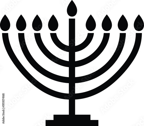 Simple Hanukkah menorah with nine candle flames, Jewish holiday symbol, traditional festival light icon black flat vector illustration