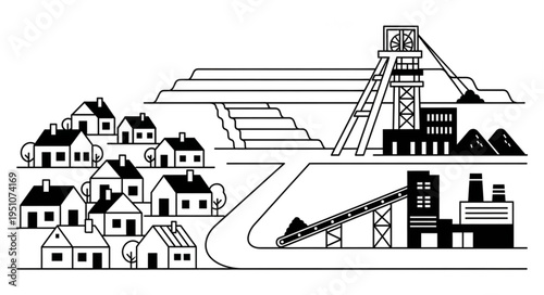 Coal Mining Town Illustration - Industry and Community Intertwined.