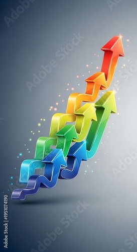 Multiple colorful three dimensional arrows illustrate upward progression against a graduated background
