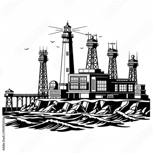 Coastal Beacon Complex - A Detailed Black and White Illustration.