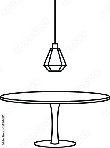 A stylish minimalist line art illustration features a modern geometric pendant light fixture hanging above a sleek round table with a pedestal base, perfect for contemporary interior design concepts.