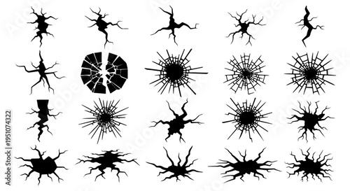 Collection of shattered glass patterns and broken surface silhouettes, minimalist black and white crack textures, flat vector clip art bundle