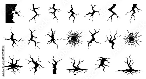 Set of various black vector silhouette cracks, broken wall fissures and earthquake ground crevices isolated on white background