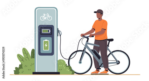 Modern vector illustration of a person charging an electric bicycle at a charging station with green plants around
