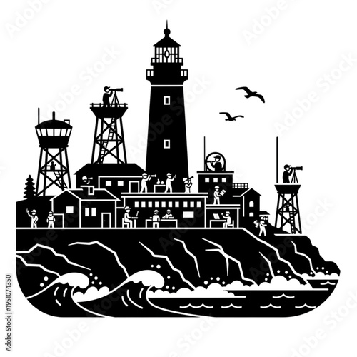 Coastal Lighthouse Station Silhouette with Waves and Seabirds Illustration.