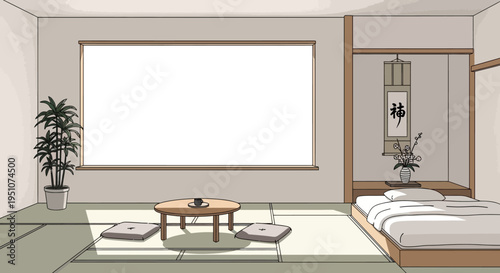 Traditional Japanese tatami room with futon bed and low wooden table