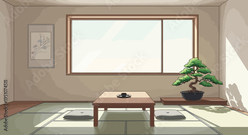 Traditional Japanese room with bonsai tree and tatami mats