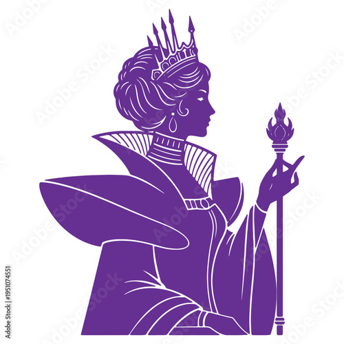 Stylized silhouette of a majestic queen wearing an elaborate crown and holding a scepter topped with flames depicted in a profile view symbolizing royalty and power with intricate detail