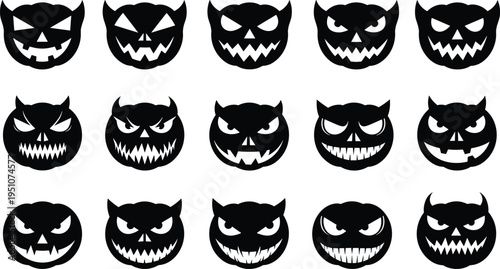 devil pumpkin faces set, scary halloween jack o lantern expressions, spooky demon pumpkin silhouettes, horror vector icon collection